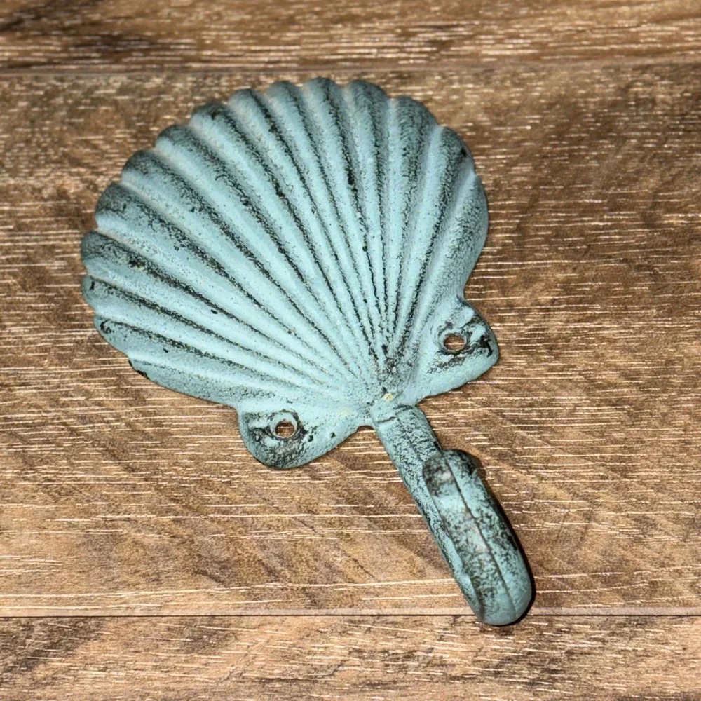 Cast Iron Beach Seashell Wall Hook Distressed Teal Scallop Shell 7x4